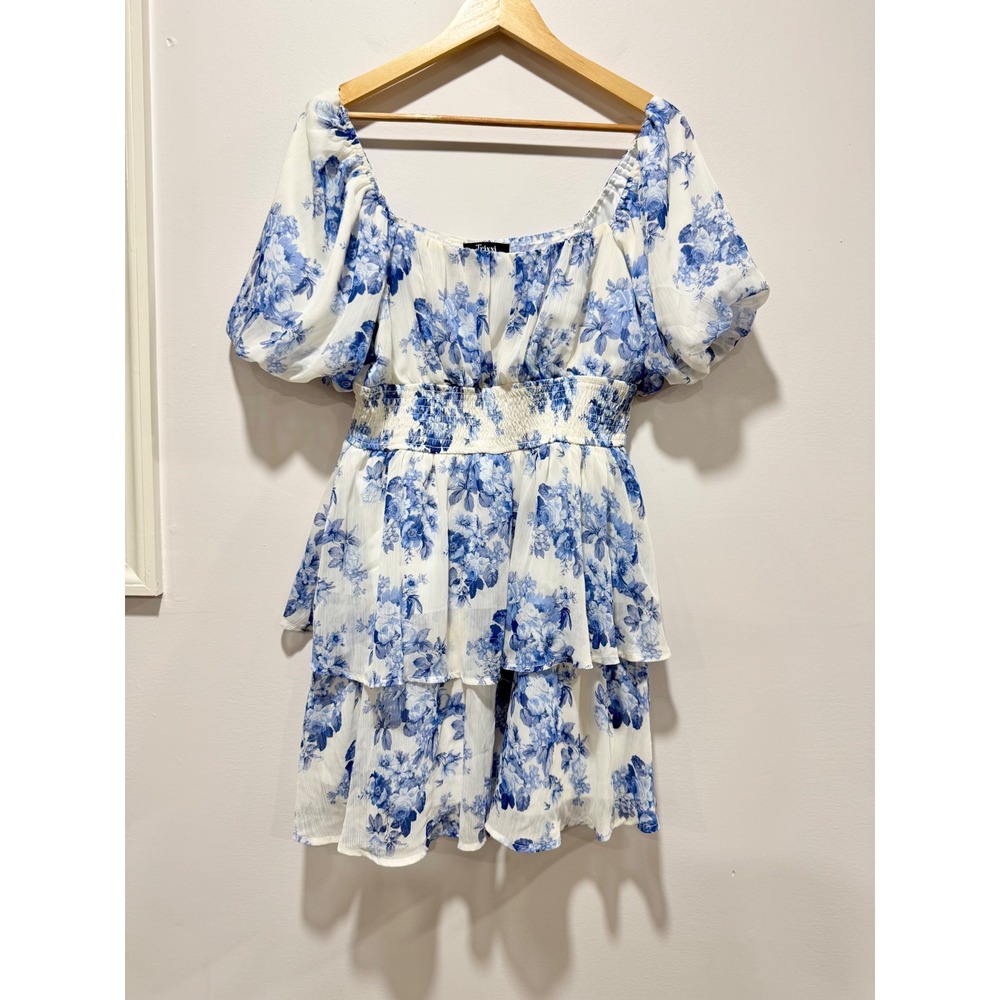 Trixxi Blue Floral Smocked Waist Tiered Mini Dress Puff Sleeve Large